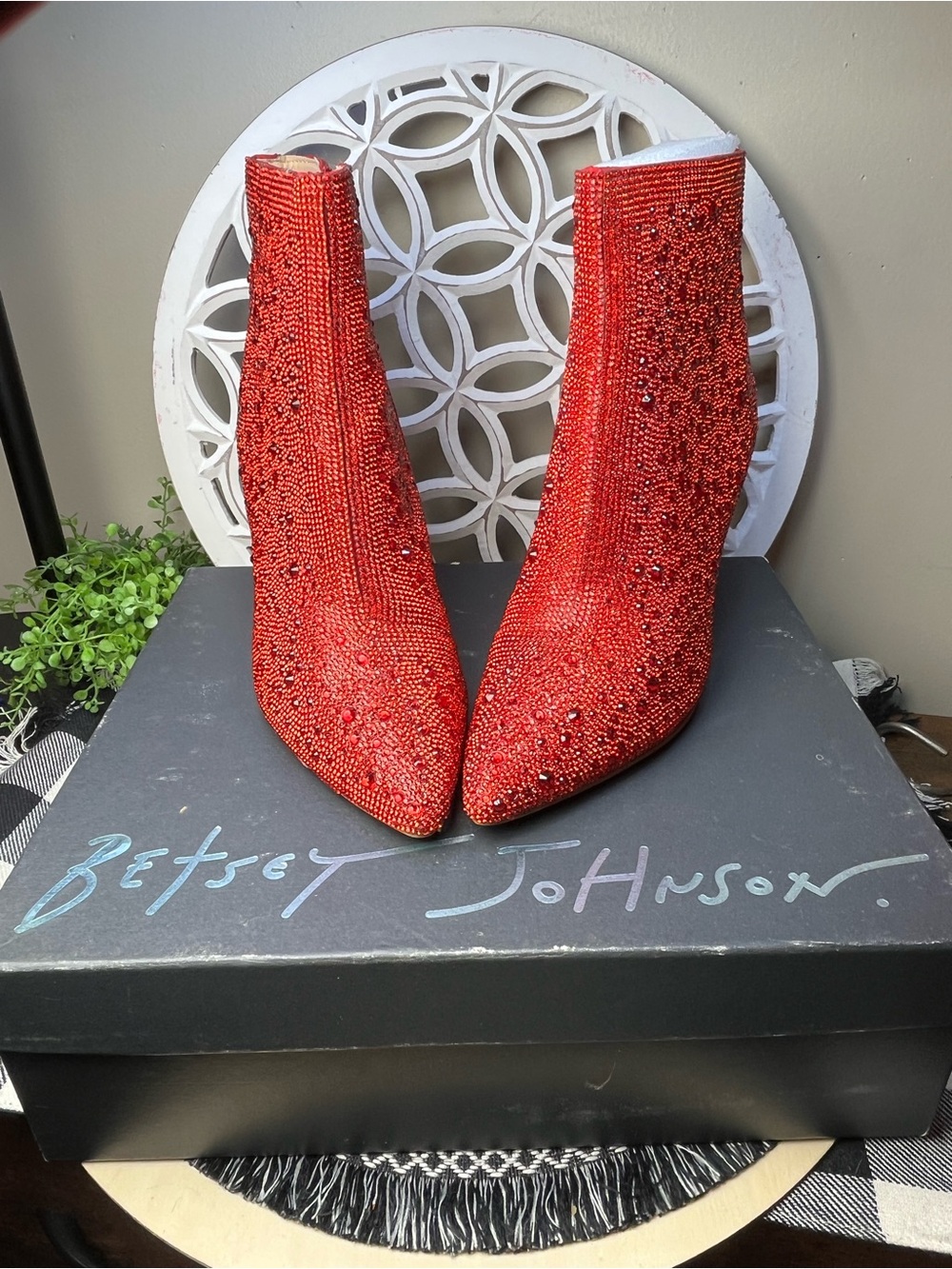 Betsey Johnson Red Crystal-Embellished Pointed Booties